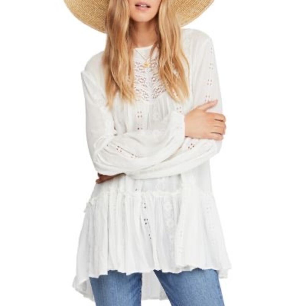 Free People Kiss Kiss Ivory Tunic Bohemian Lace Embroidered Small - Picture 7 of 13